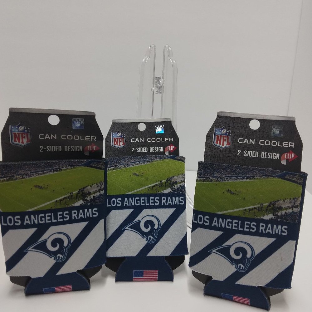 New Los Angeles Rams NFL Can Cooler 2 Sided Flip Stadium Design Set of 3 Koozie